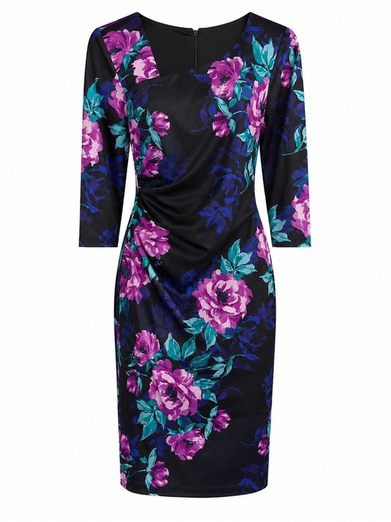Donna Ricco Dresses & Skirts - Donna Ricco Black Midi Dress Purple Floral Teal Leaves MSRP $128